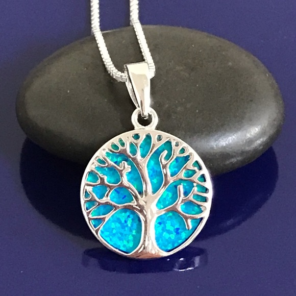 Sterling Silver Blue Opal Tree Of Life Necklace - Picture 3 of 8
